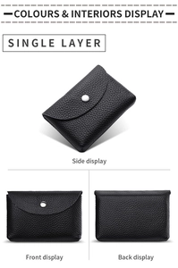 Three-angle display of a black genuine leather coin purse with a single snap fastener