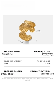 Detail view of the twisted stainless steel ring with dimensions and 3.5g weight info