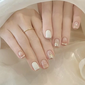 Short Square Press On Nails French Gradient Champagne Glitter Glossy ABS Artificial False Finger Nails Sweet Elegant Women