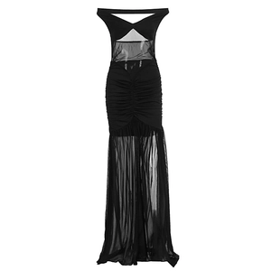 Detail of the off-shoulder V-neckline with cutout and pleated black mesh evening dress