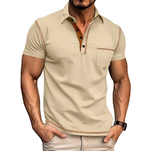 Detail of light khaki men polo shirt featuring a classic collar and chest pocket