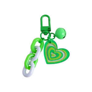 Creative double-layer heart keychain with green and white plastic chains and bell charm