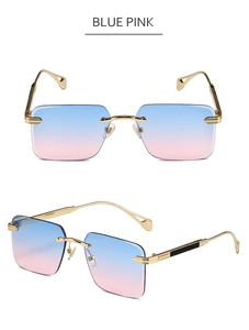 Dettaglio occhiali da sole rettangolari senza montatura con lenti sfumate blu e rosa e oro