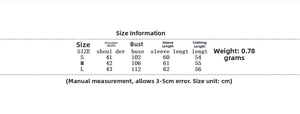 Detailed size chart for hooded jacket including shoulder, bust, and sleeve measurements