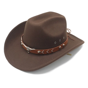 Dark brown wide brim wool felt cowboy hat with leather band and metal bull head buckle
