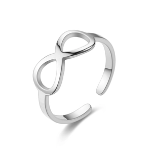 Macro shot of silver infinity symbol open ring with polished finish and adjustable band