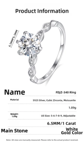 Detail view of S925 sterling silver ring with a 1ct round moissanite in six-prong setting