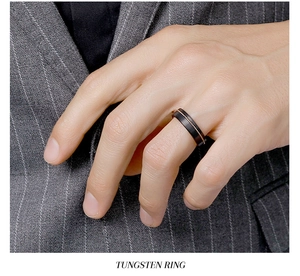 Men's tungsten ring in black and rose gold on a suit-clad hand for a business look