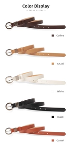 Detail view of simple thin faux leather belts for women in five assorted neutral colors