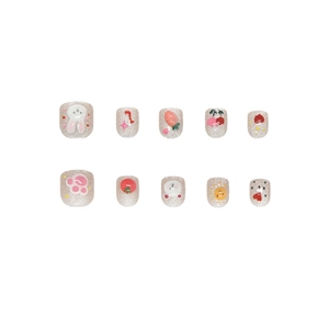 Pink glitter press-on nails with cartoon rabbit and fruit art for children