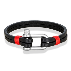 Bracciale da uomo in pelle nera a doppio strato con chiusura a grillo in acciaio inox