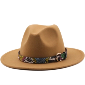 Detail view of khaki fedora with colorful snakeskin pattern band and gold buckle