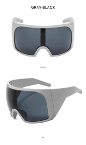 Front and side views of oversized gray wrap-around sports sunglasses with black lenses
