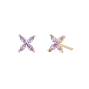 Detail view of 925 silver flower stud earrings with purple marquise cut zirconia stones