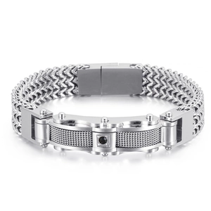 Bracelet pour homme en acier inoxydable argenté avec une pierre noire design moderne