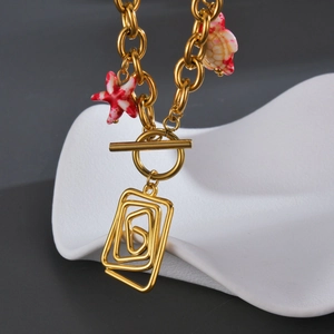 Gold thick chain necklace with square spiral pendant and colorful ocean charms