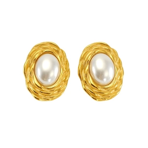 Vintage 18k gold plated stainless steel stud earrings with large white oval pearls