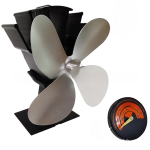 Detail of 4-blade heat powered stove fan and magnetic thermometer for fireplace monitoring