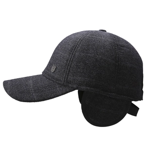 Casquette de baseball en laine gris foncé pour hommes avec cache-oreilles et logo métal