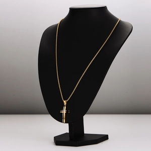 Minimalist hollow 3D stainless steel cross pendant necklace on display stand