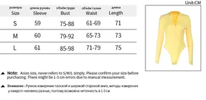 Size chart for slim fit V-neck long sleeve bodysuit with detailed measurements in CM