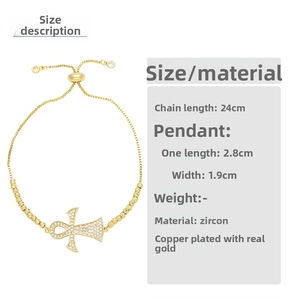 Detailed size chart showing gold Ankh cross zircon bracelet with 24cm adjustable box chain