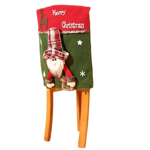 Christmas chair back cover with 3D gnome and Merry Christmas text in red and green
