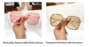 Detail view of square gradient sunglasses in jelly pink and transparent tea brown frames
