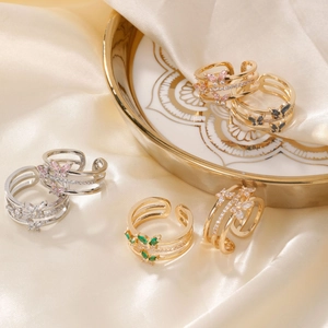 Adjustable multi-layer butterfly ring set with colorful crystals on silk background