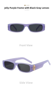 Front and side views of jelly purple rectangular sunglasses with golden metal accents