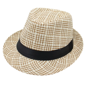 Cappello fedora in paglia classico con nastro nero e motivo a quadri per protezione solare