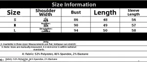 Size chart for color-block knit jacket showing measurements in CM and fabric composition