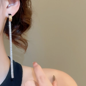 Close-up of long silver tassel earrings with sparkling crystals on a female model