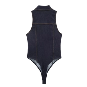 Deep indigo sleeveless denim bodysuit for women with a back seam detail and contrast stitching