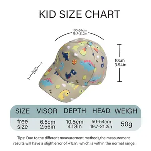 Detailed size chart for kids dinosaur baseball cap featuring dimensions and head fit