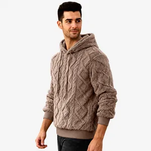 Men Hoodie Jacquard Double Sided Fleece Thick Warm Casual Sport Textured Diamond Pattern Long Sleeve Pull Over