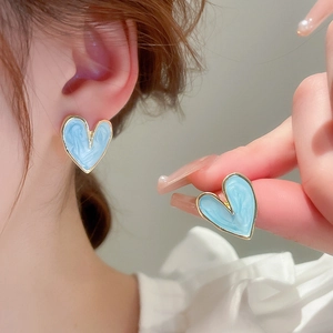 French vintage light blue heart stud earrings with elegant gold trim for women