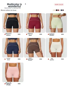 Detail grid of high-waisted yoga shorts in seven colors with white contrast stitching