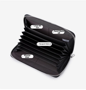 Interior detail of RFID leather wallet showing multiple card slots and passport compartments
