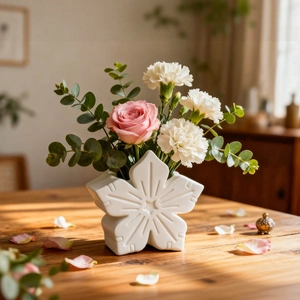 Macro detail of a white matte cherry blossom ceramic vase on a textured wooden table