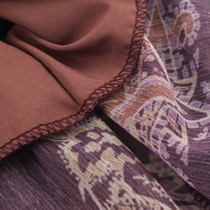 Bohemian chiffon maxi dress showing dual-side fabric texture and red-purple vintage print