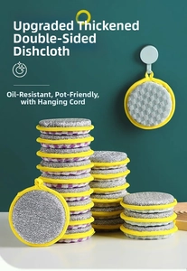 Detail of round double-sided dish sponge with silver mesh and yellow hanging loop