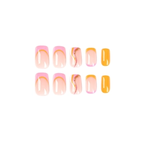 French tip press-on nails with pink and orange wave patterns and subtle rhinestone accents