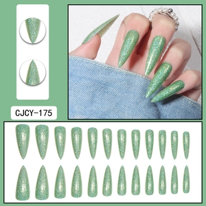 Detailed holographic mint green stiletto press-on nail set with 24 pieces in various sizes