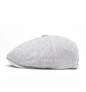 Side view of light gray linen newsboy cap showing detailed breathable woven texture