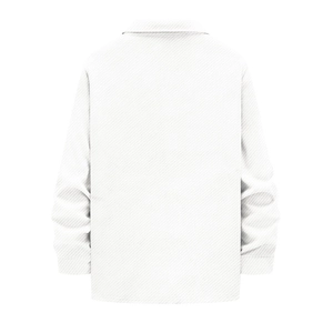 Detail view of the back of a white heavy twill long-sleeve jacket for men with clean lines