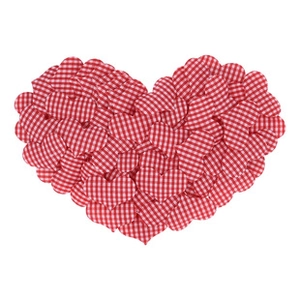 Macro detail of red and white checkered fabric heart patches arranged in a large heart