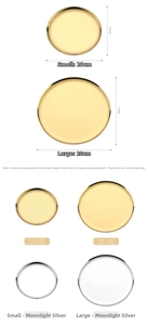 Size comparison of small and large round stainless steel trays in gold and silver