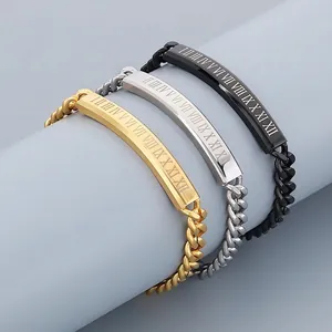 Men Stainless Steel Cuban Chain Bracelet With Roman Numeral Curved Plate Fashion Punk Jewelry For Daily Wear