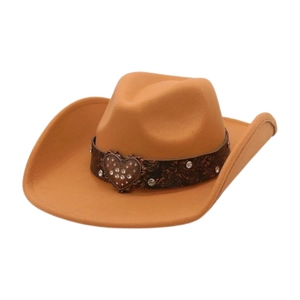 Classic camel wool felt cowboy hat featuring a vintage heart buckle with rhinestones